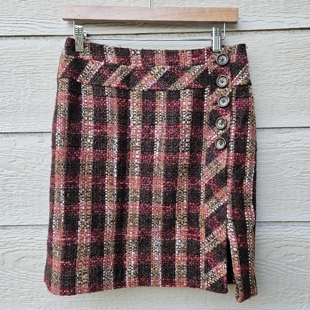 LOFT Petites brown and pink plaid tweed skirt with asymmetric buttons 6P